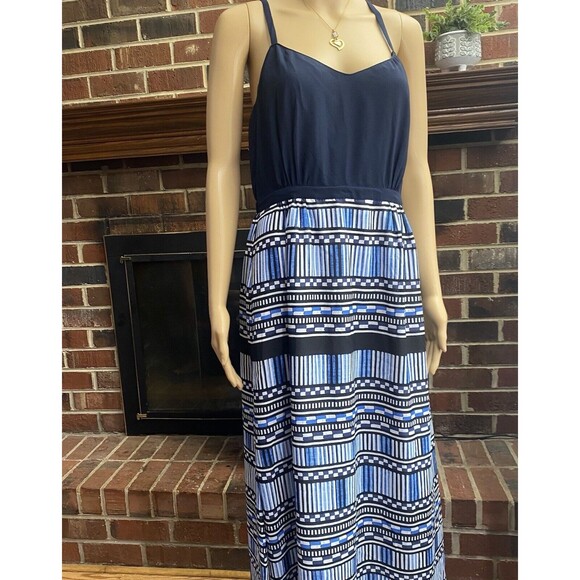 J.Crew  Women’s Maxi Dress with Printed Skirt Size 10 Navy Blue Sundress,Beach - Picture 1 of 16